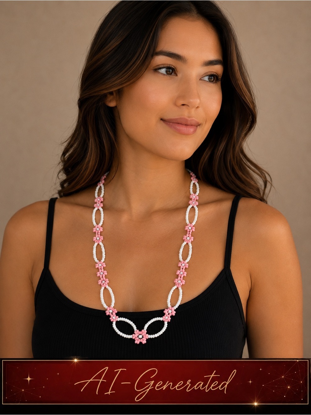 Beaded Flower Necklace Pink White Seed Beads 34 inches